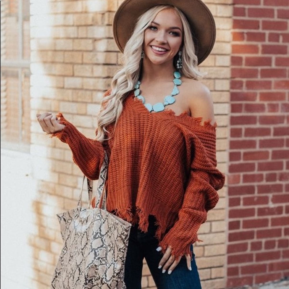 Boho Ripped frayed distressed v neck sweater TAN - Picture 6 of 10